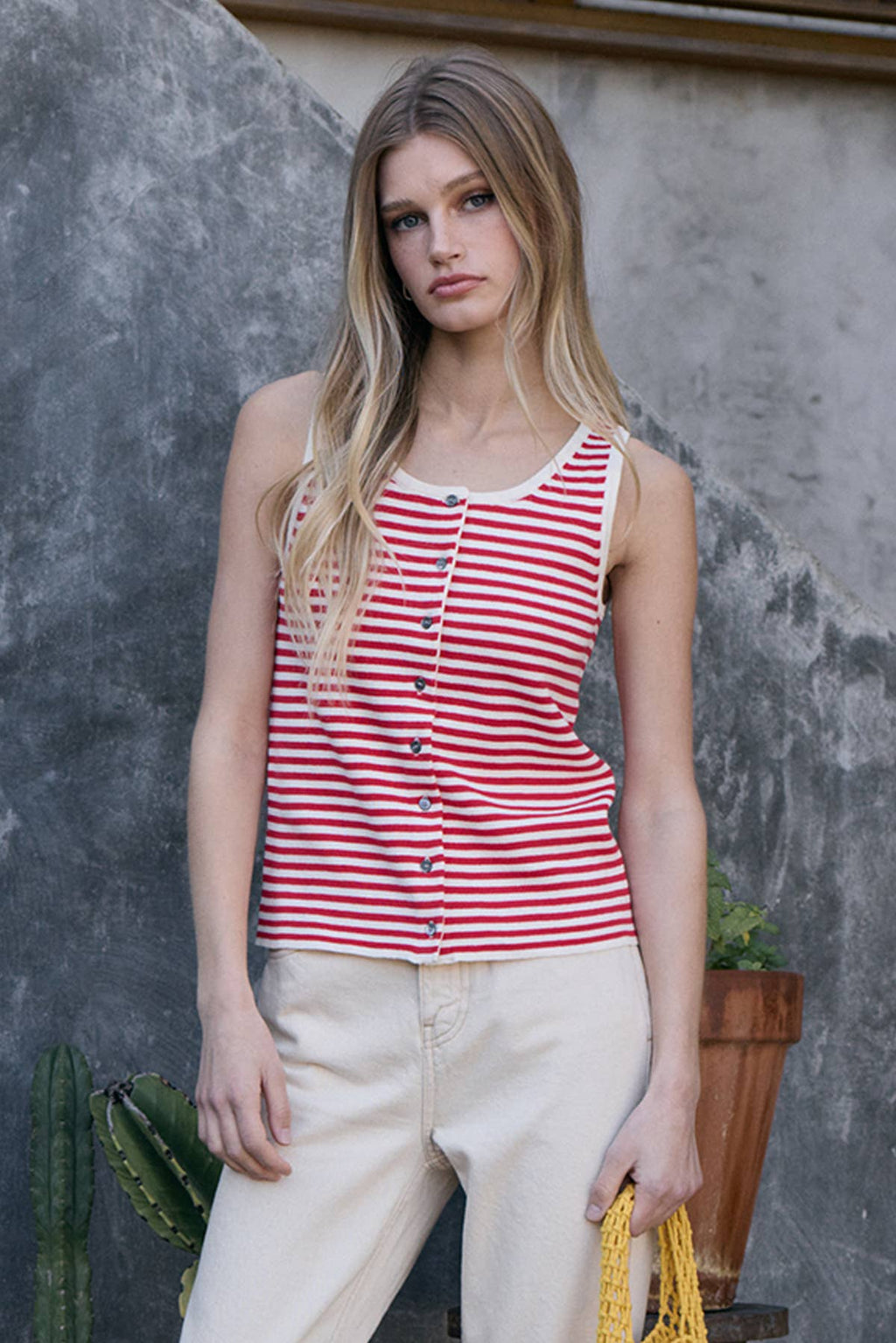 Striped Knit Button Tank Top