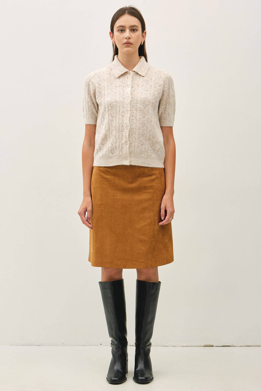WOOL BLENDED POINTELLE POLO CARDIGAN