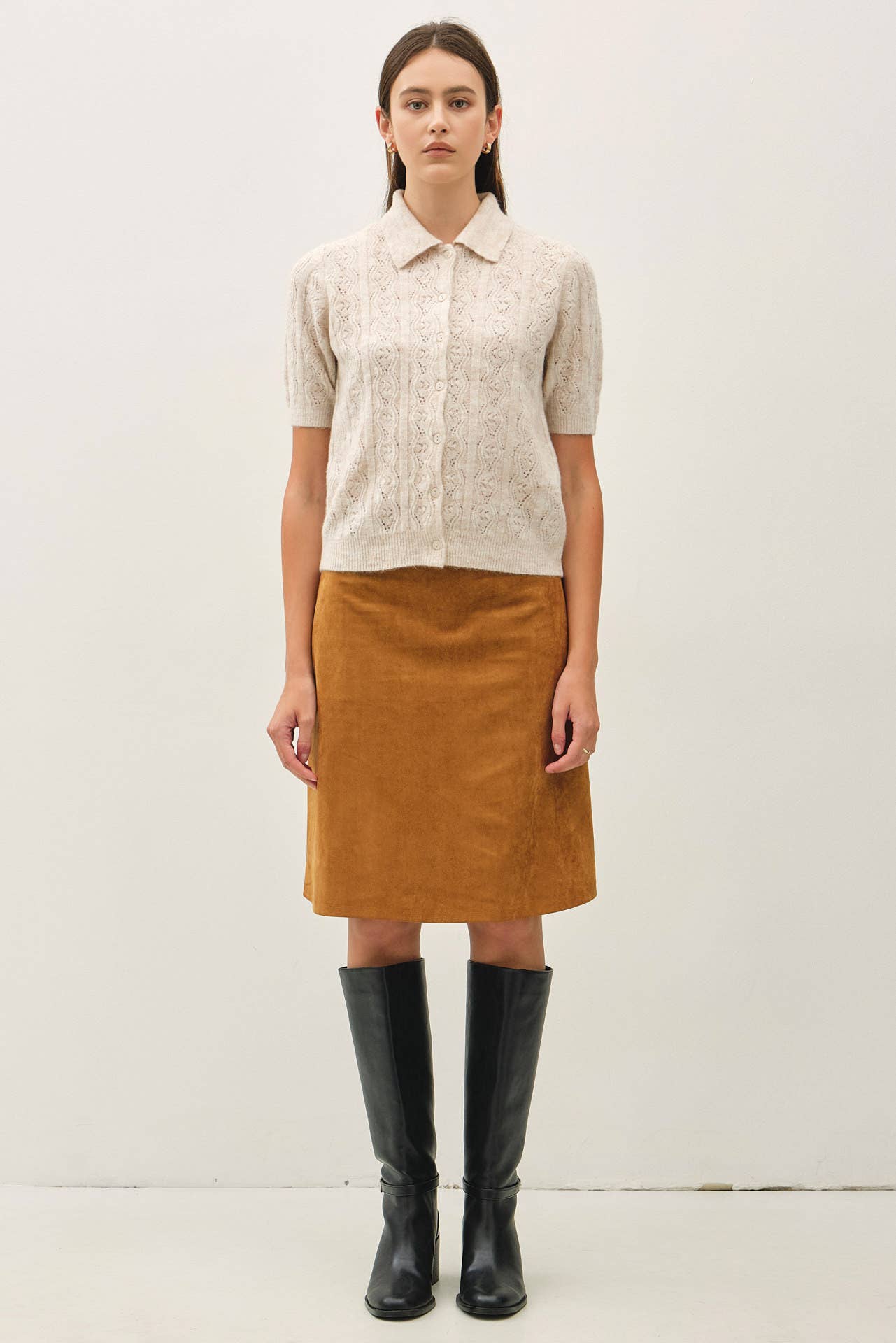 WOOL BLENDED POINTELLE POLO CARDIGAN