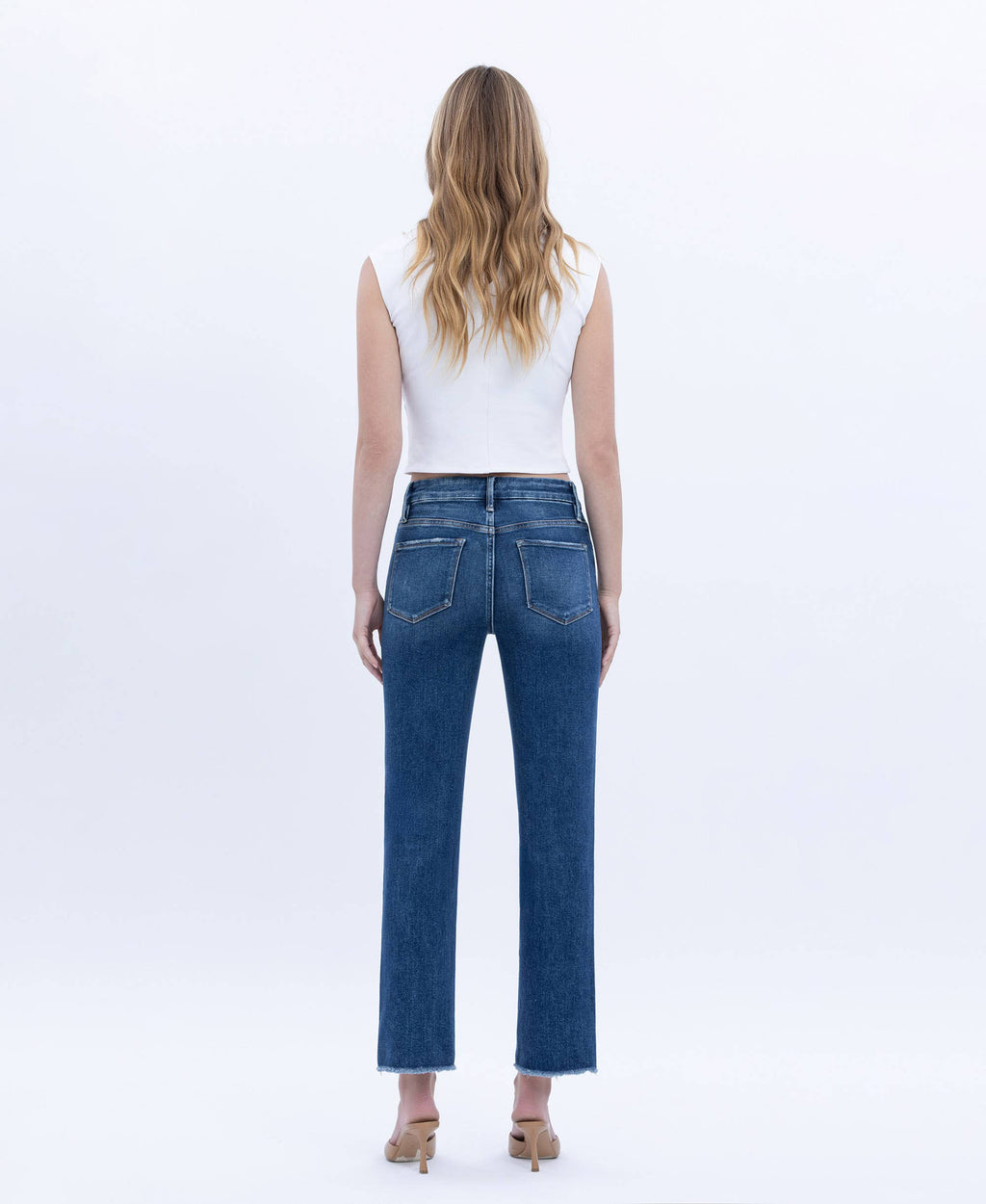 HIGH RISE RAW SLANT HEM SLIM STRAIGHT JEANS