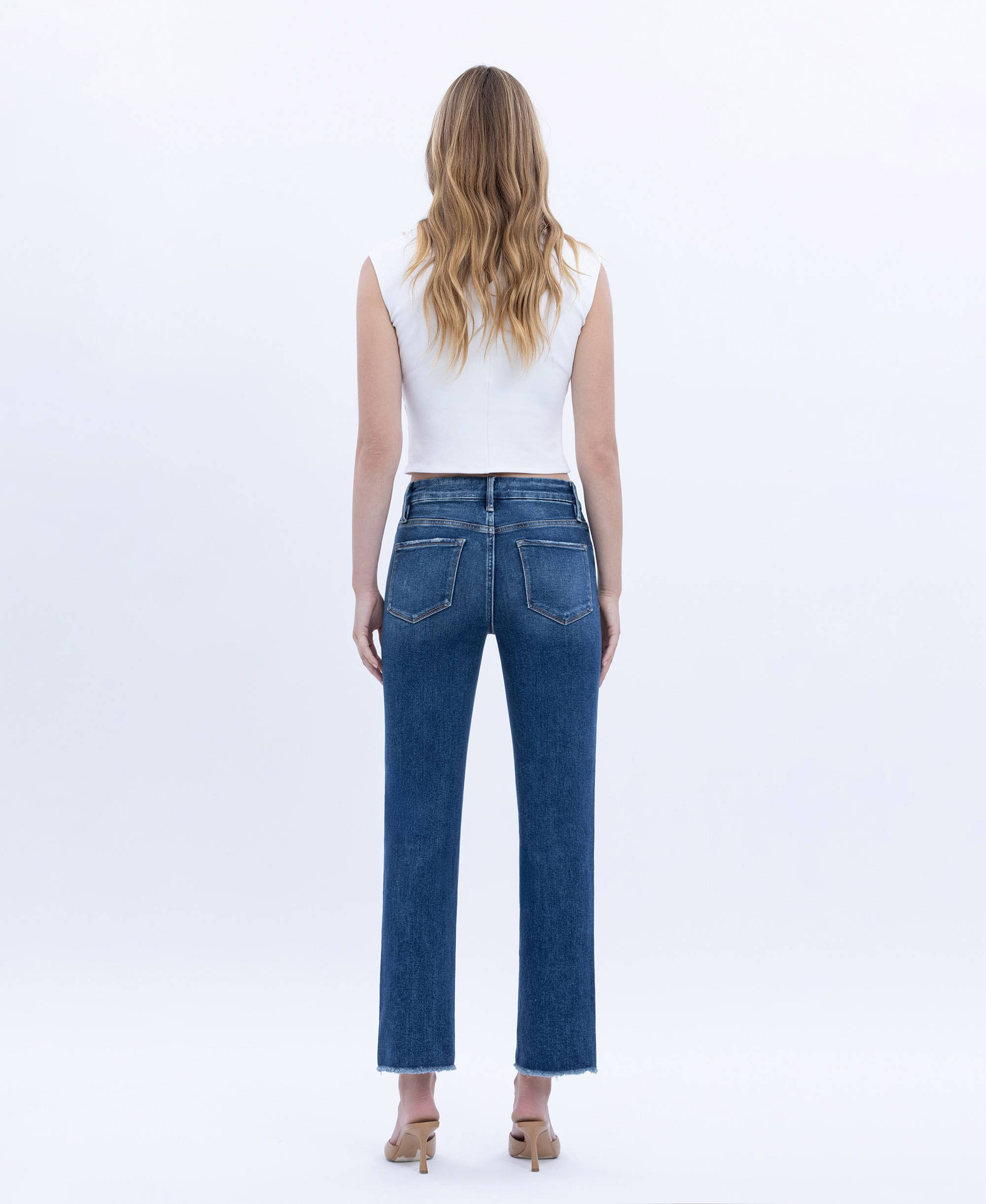 HIGH RISE RAW SLANT HEM SLIM STRAIGHT JEANS