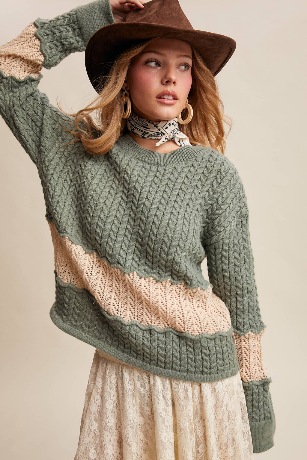 Colorblock Cable Knit Sweater