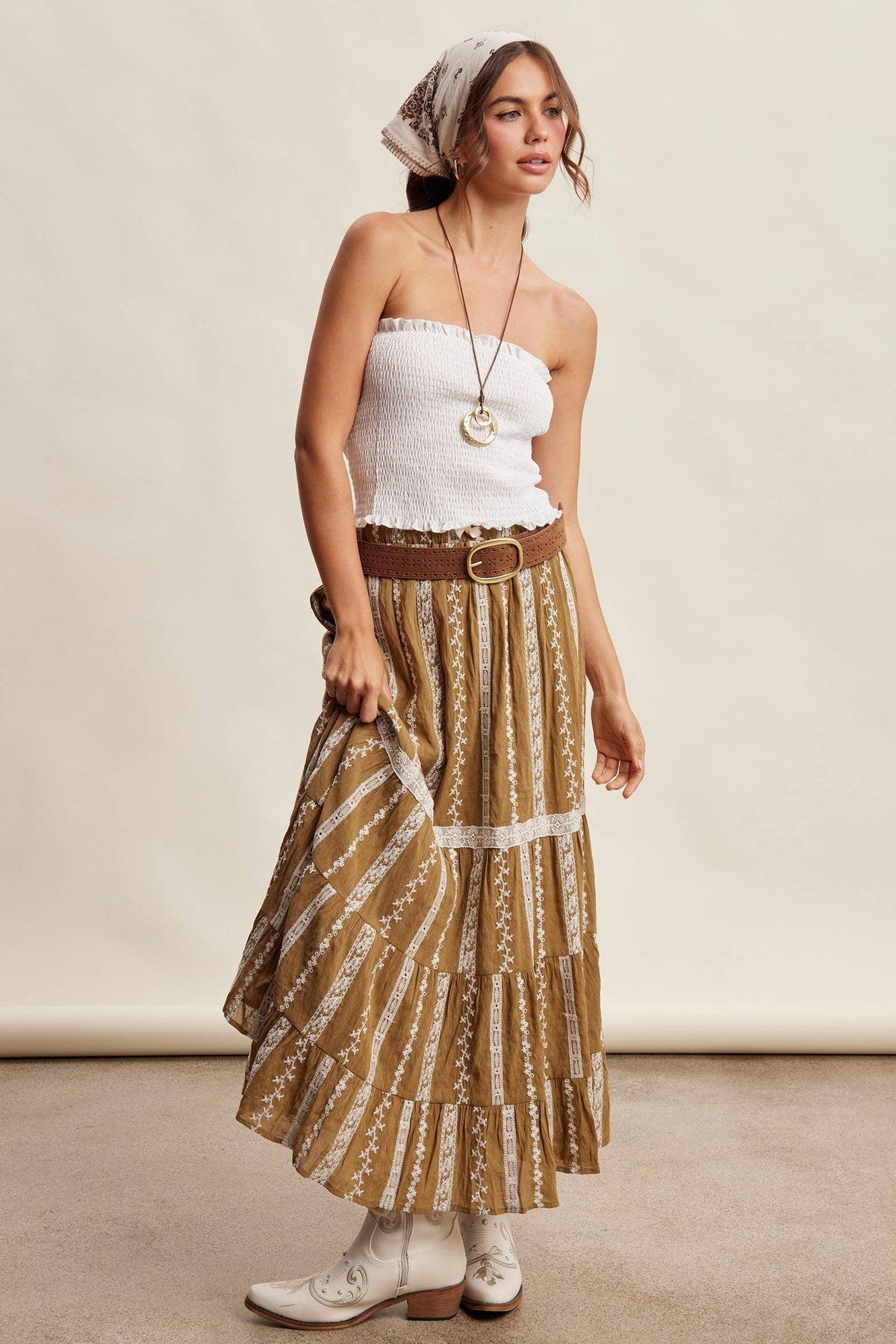 Embroidered Tiered Maxi Skirt