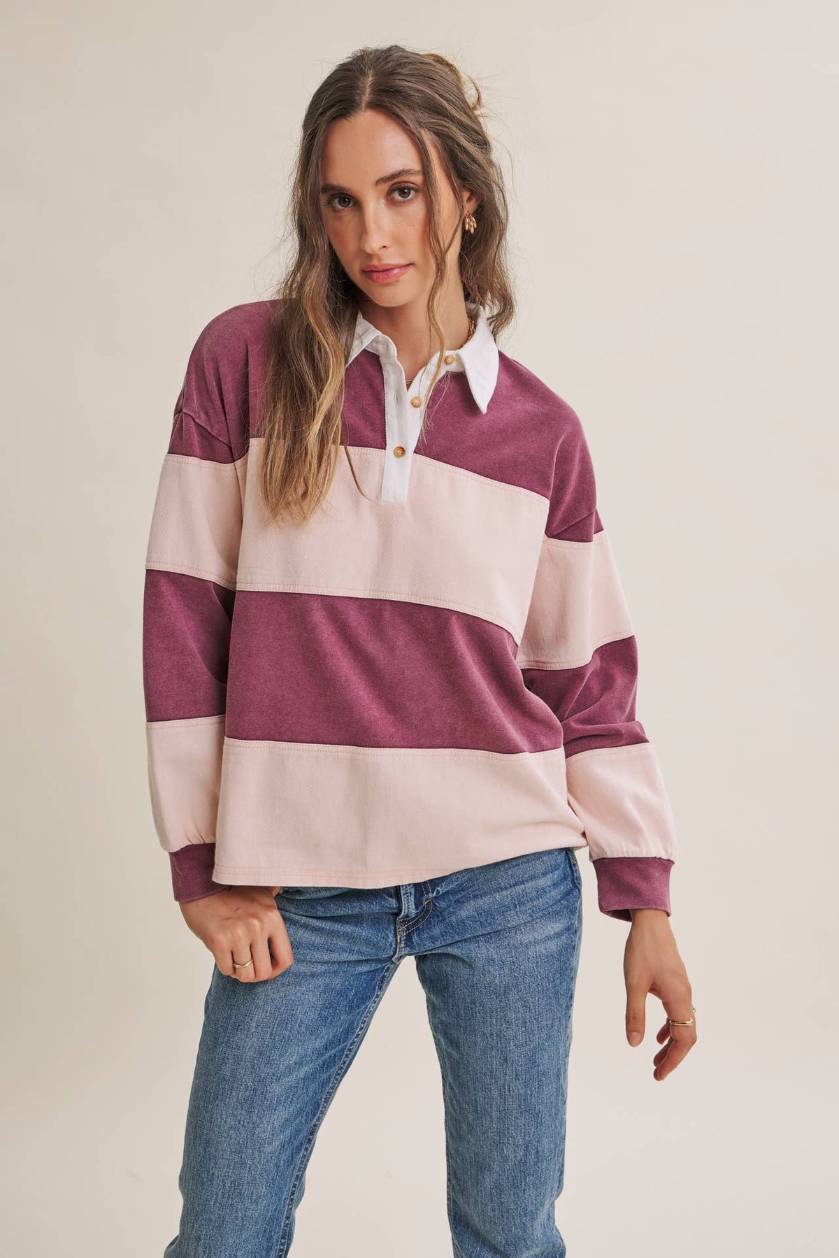 HERITAGE WEEKEND MINERAL-WASHED TWILL TERRY MIXED RUGBY TOP