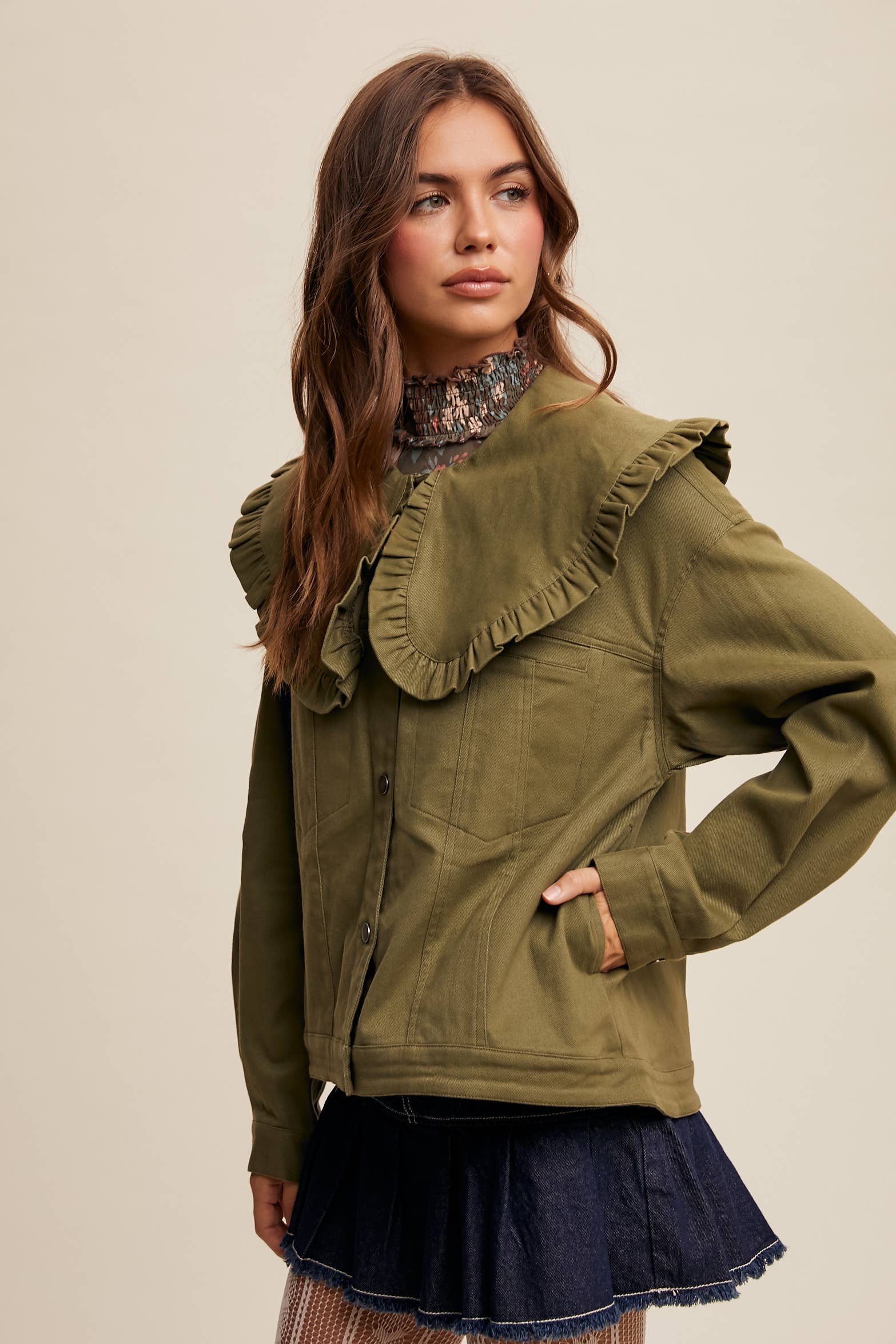 Ruffled Collar Denim Jacket
