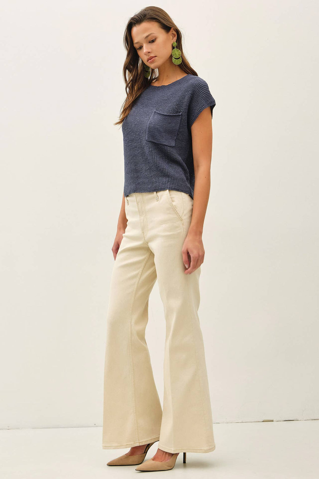 PATCH POCKET DOLMAN CAP SLEEVE BOXY KNIT