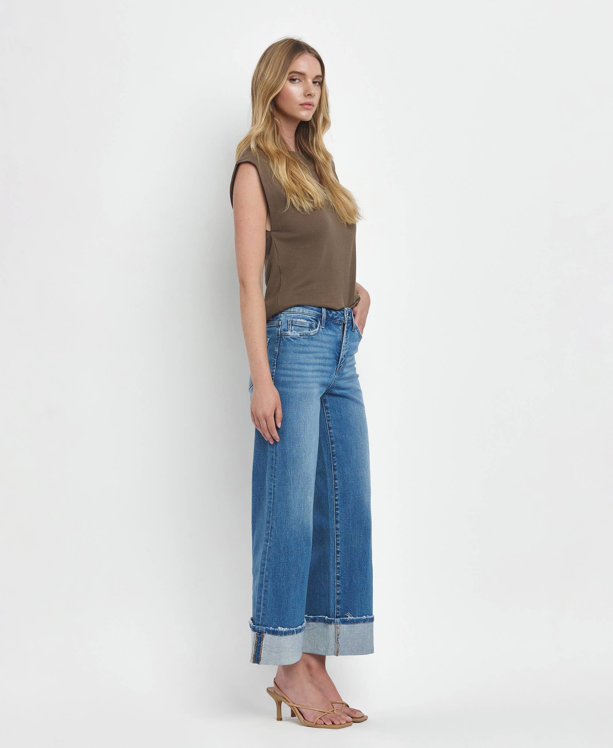 HIGH RISE MEDIUM WASH CUFFED WIDE JEANS