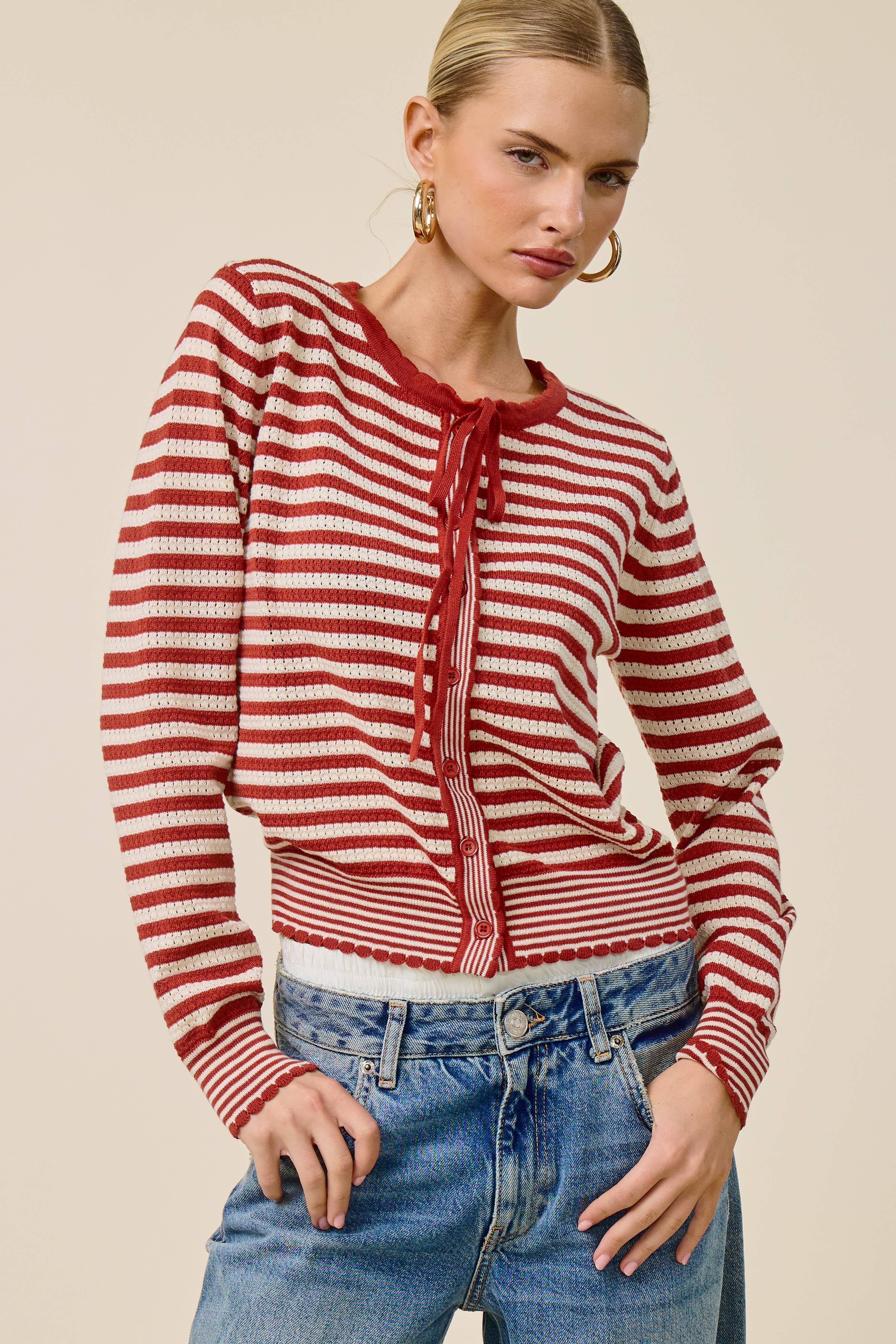 Mixed Stripe Bow Tie Cardigan