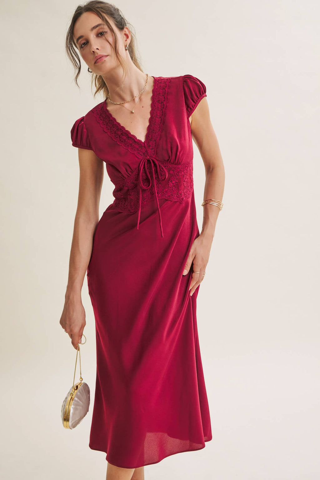 GRACEFUL DRAPE BIAS CUT SILKY SATIN LACE MIDI DRESS