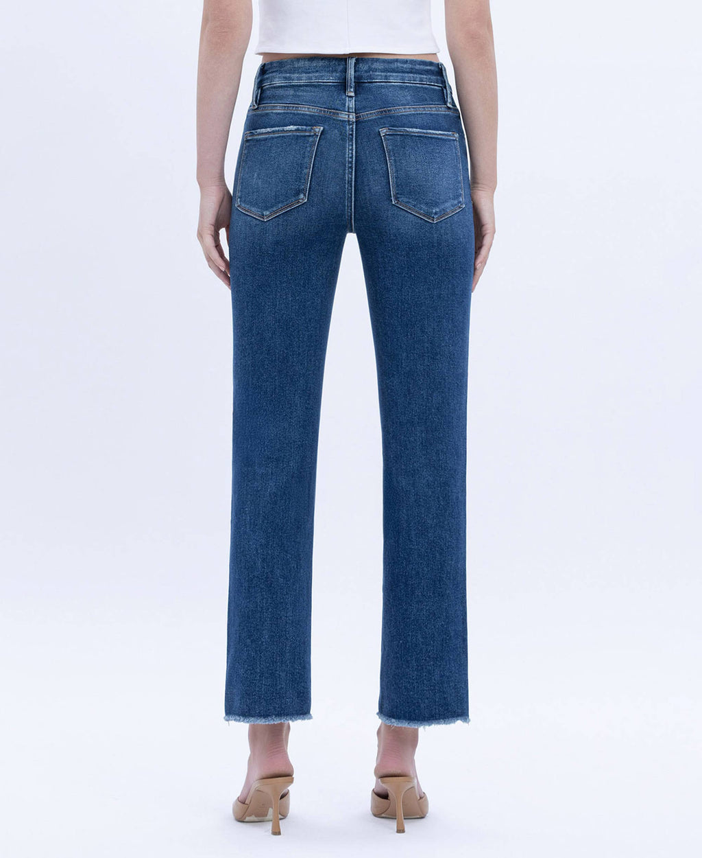 HIGH RISE RAW SLANT HEM SLIM STRAIGHT JEANS
