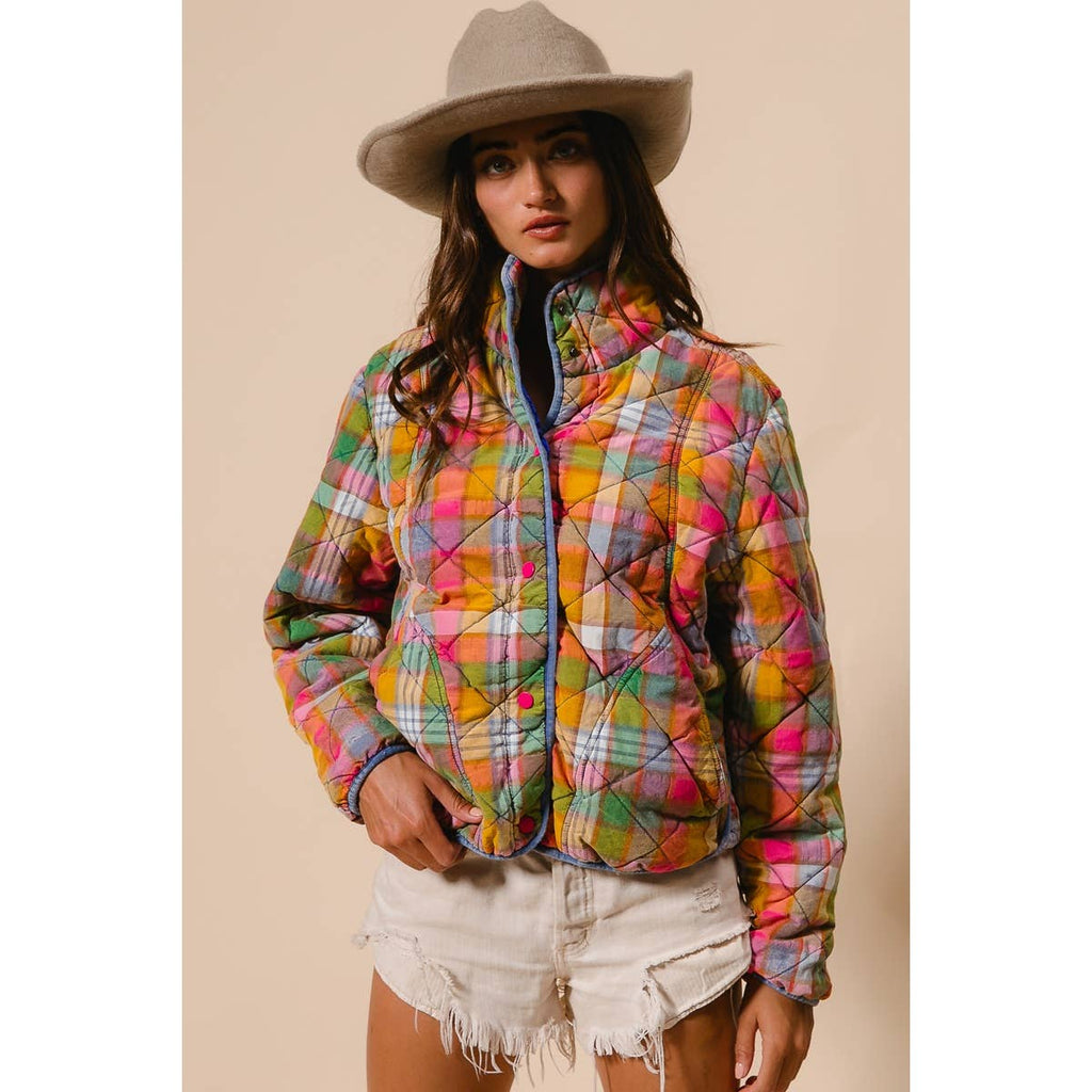 BLEACHED VINTAGE PLAID QUILTED JACKET WITH POCKETS