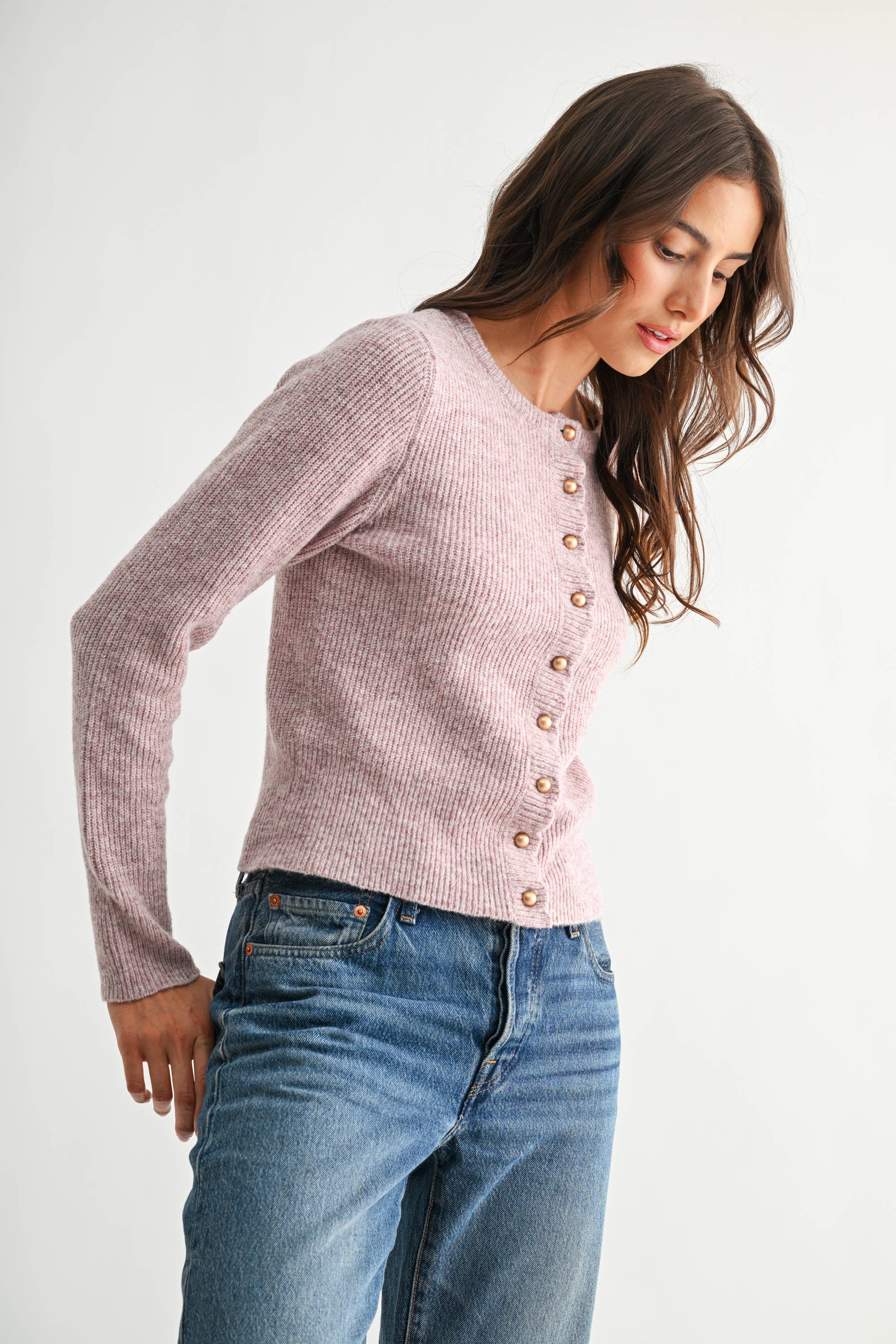 Pearl Button Ribbed Knit Cardigan
