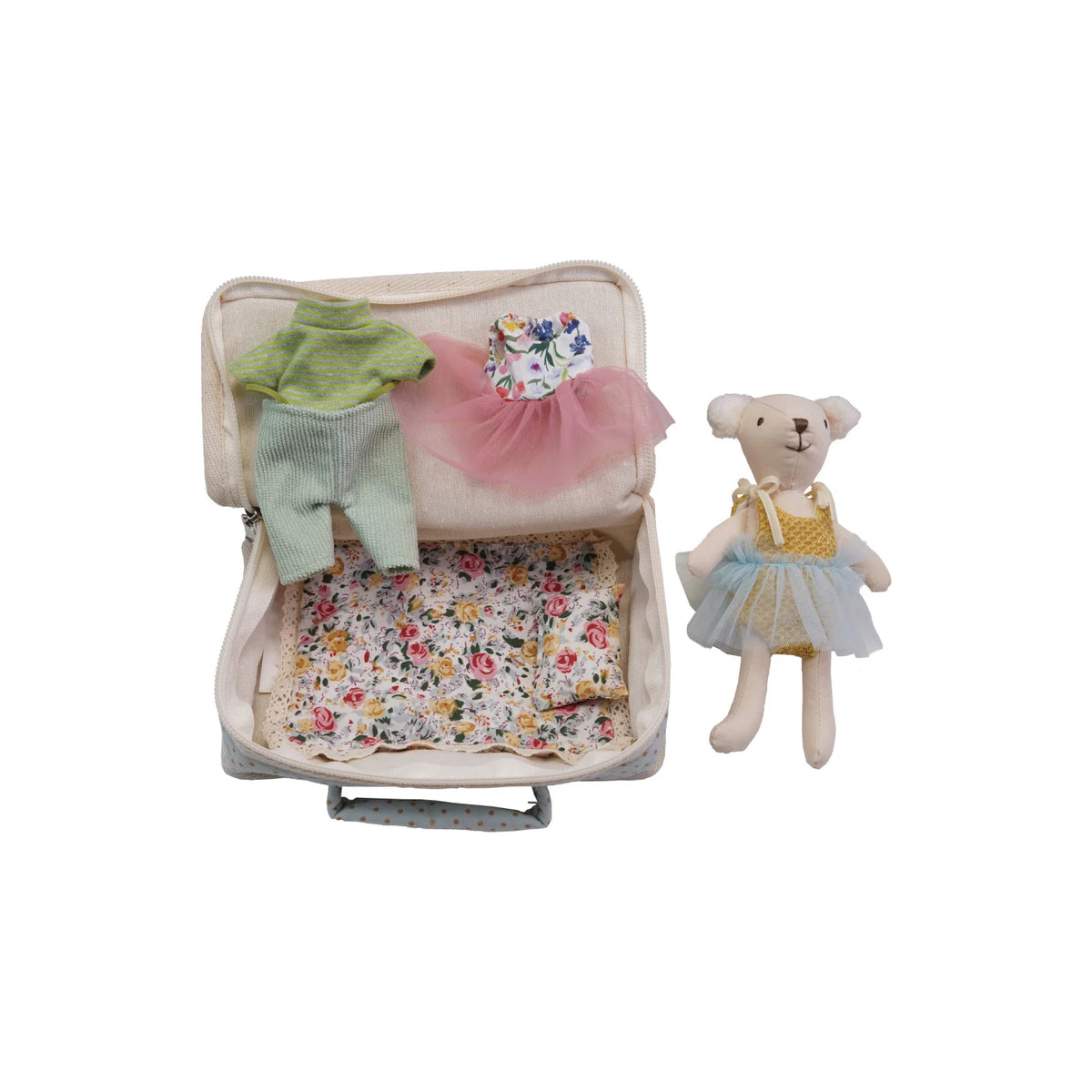 Fabric Suitcase Bed with Plush Bear & Outfits, Set of 6