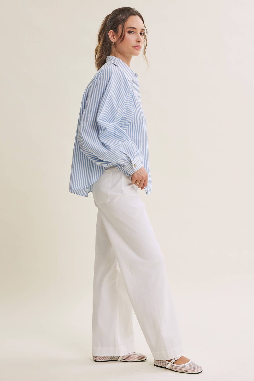 FRENCH CAFE MIXED STRIPE BATWING BUTTON-DOWN SHIRT