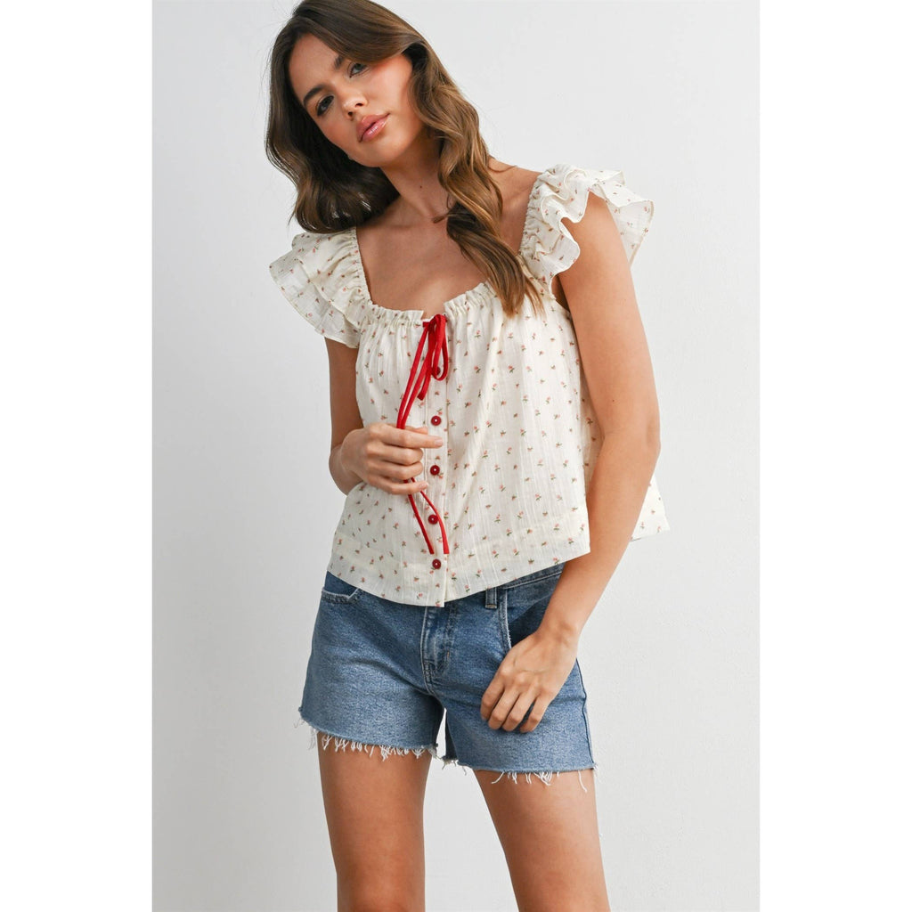 Ditsy Print Ribbon-Tie Top
