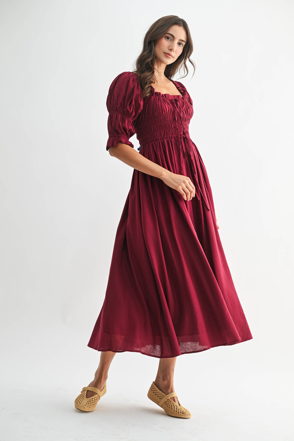 Smocked Midi Dress with Pleated Skirt