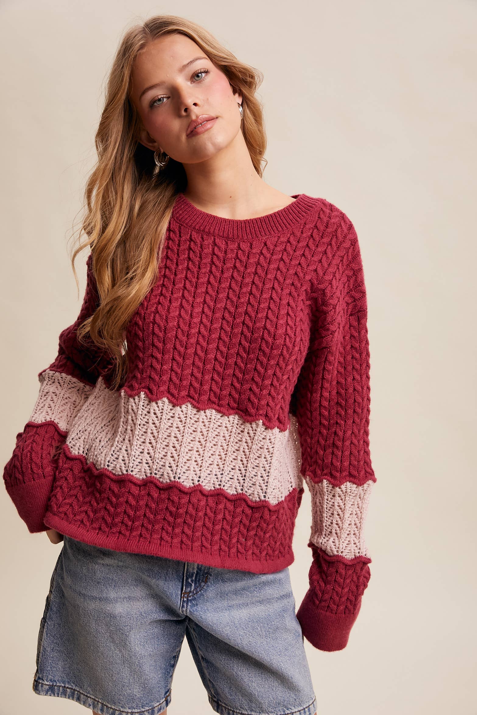 Colorblock Cable Knit Sweater