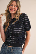 POINTELLE SHORT PUFF SLEEVE BUTTON DOWN SWEATER