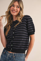 POINTELLE SHORT PUFF SLEEVE BUTTON DOWN SWEATER
