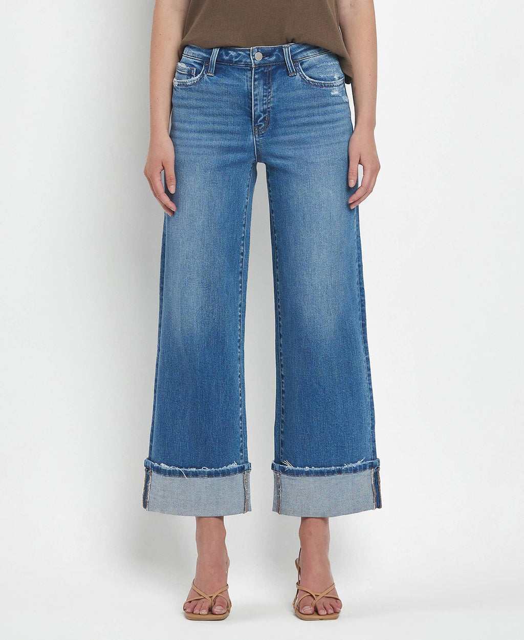 HIGH RISE MEDIUM WASH CUFFED WIDE JEANS