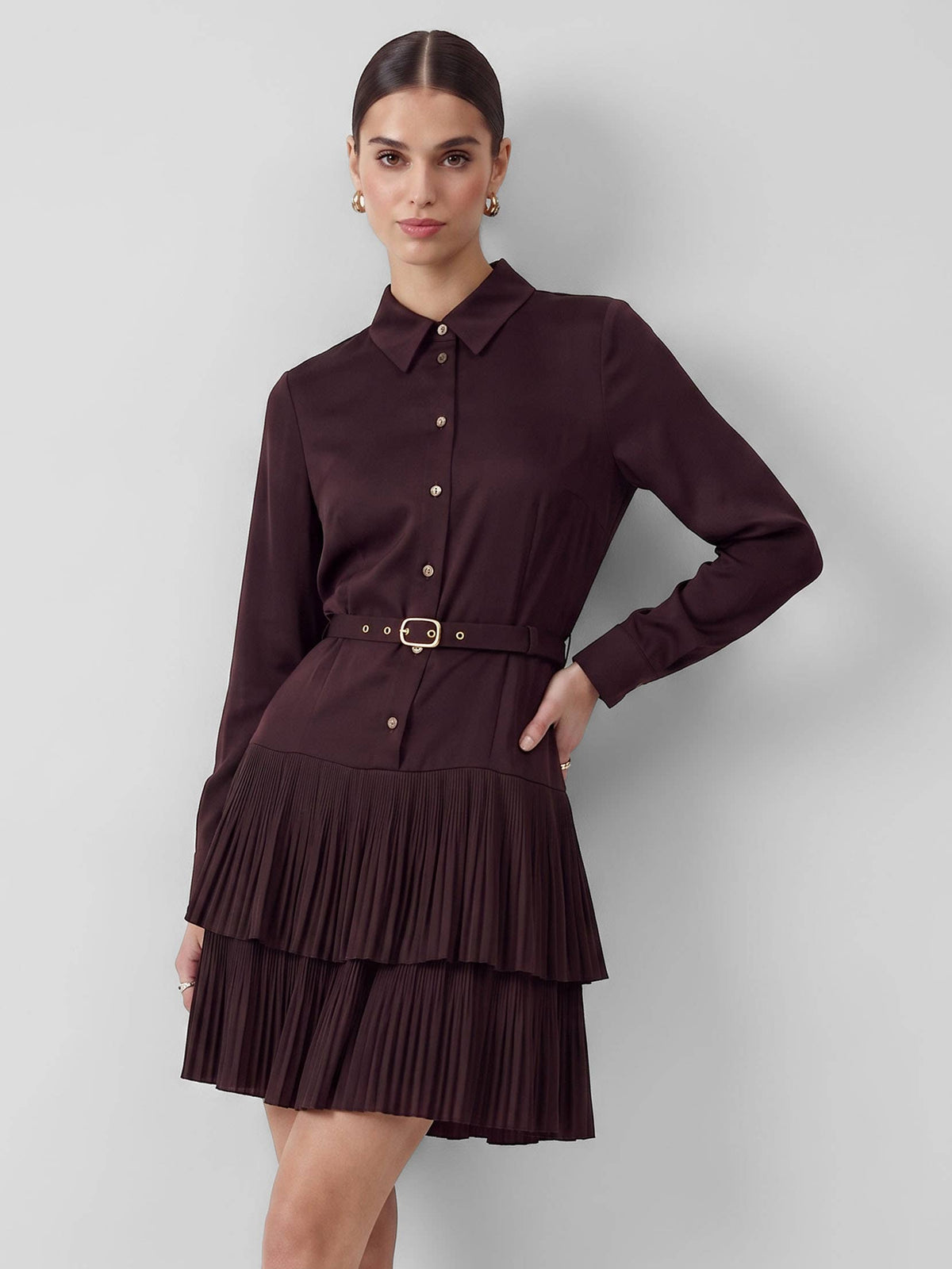 Belted Tiered Pleated Mini Shirt Dress