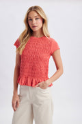 SMOCKED RUFFLE HEM KNIT TOP