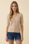 POINTELLE SHORT SLV CARDIGAN WITH ROSE BUTTONS
