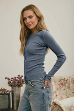 BUTTON FRONT ROUND NECK LONG SLEEVE KNIT TOP