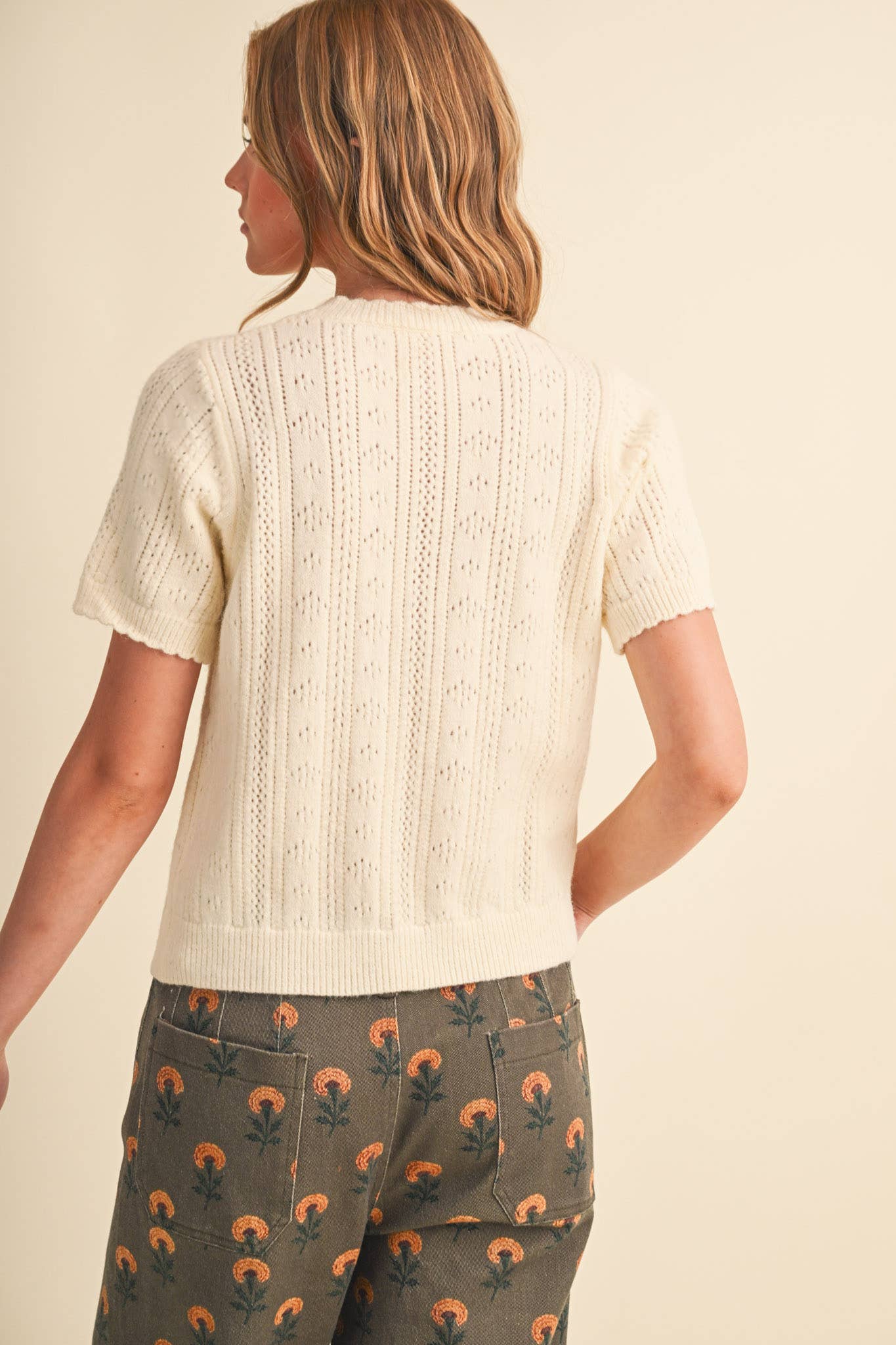SCALLOPED POINTELLE KNIT SHORT SLEEVE SWEATER