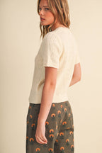 SCALLOPED POINTELLE KNIT SHORT SLEEVE SWEATER