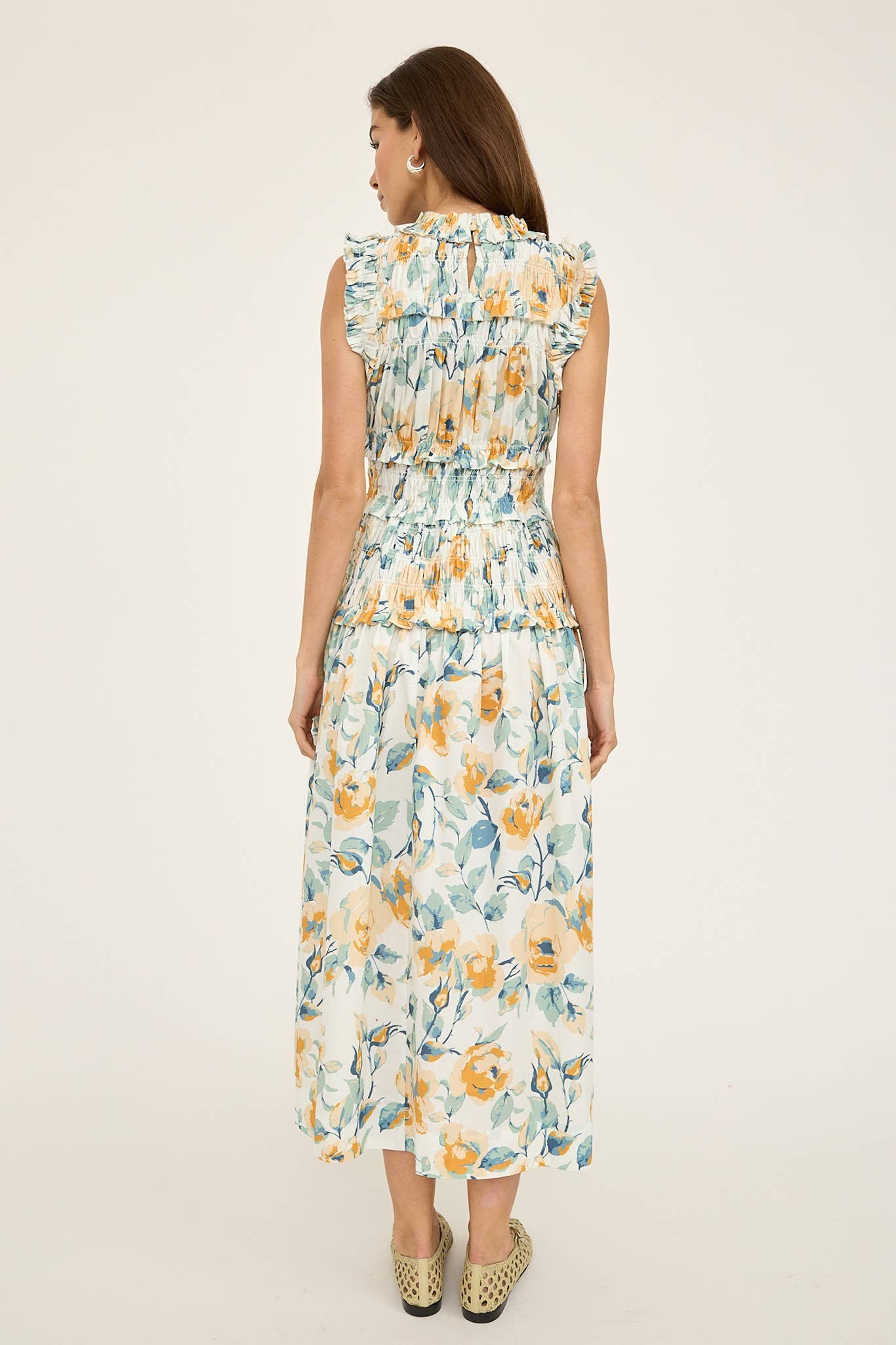 Flower Print Smocking Sleeveless Dress