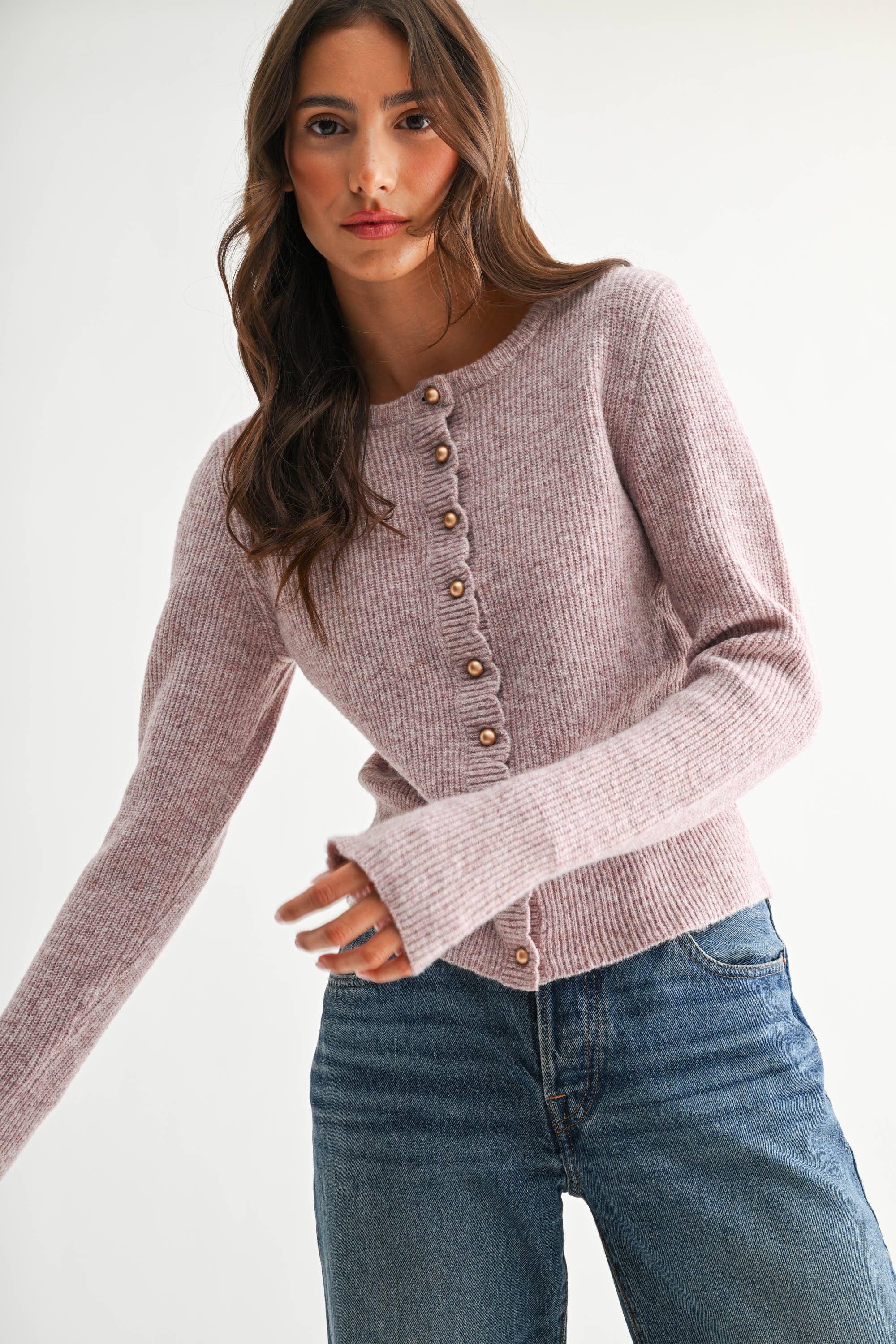 Pearl Button Ribbed Knit Cardigan