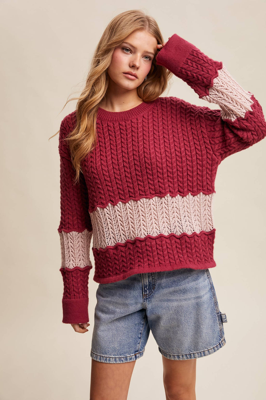 Colorblock Cable Knit Sweater
