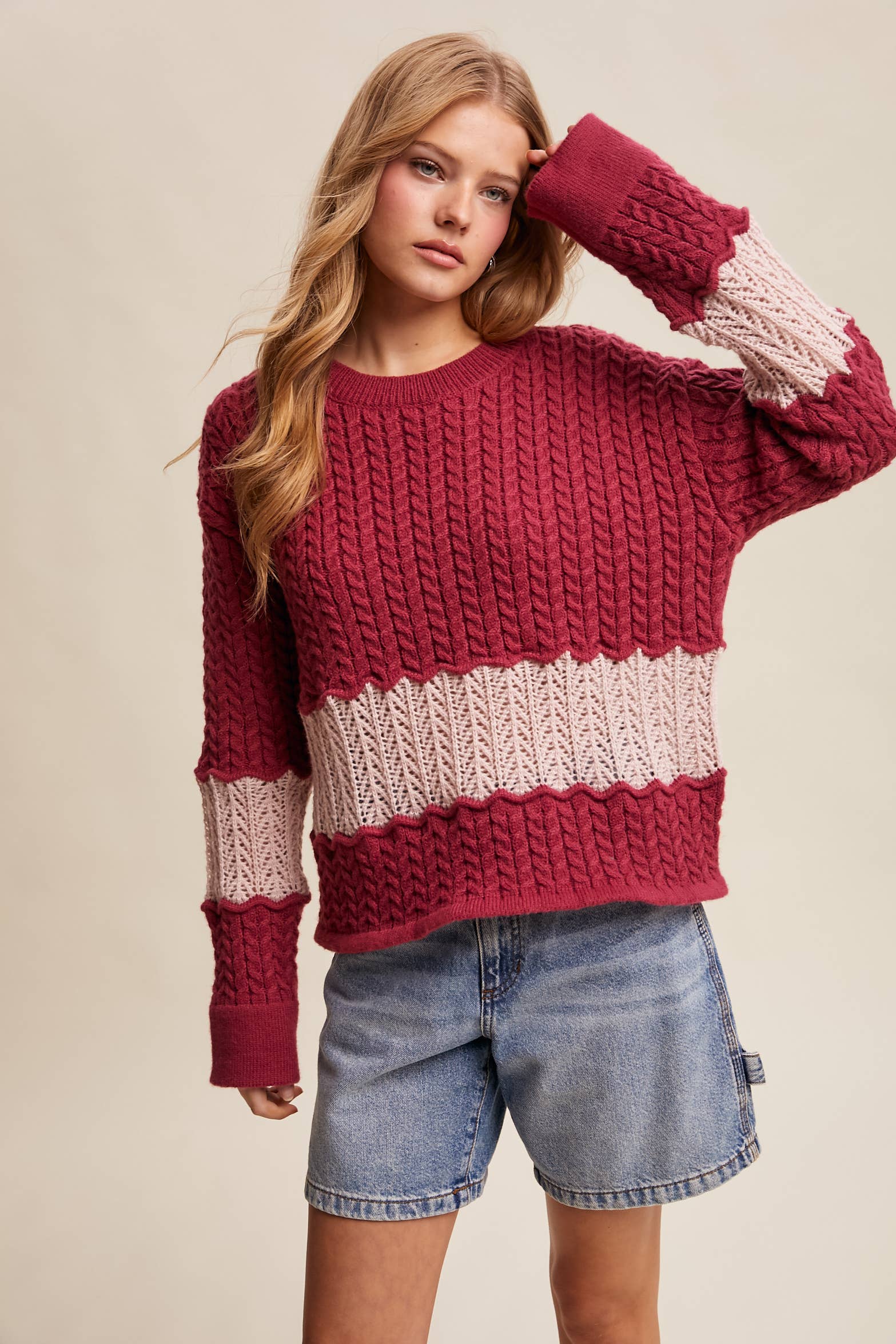 Colorblock Cable Knit Sweater