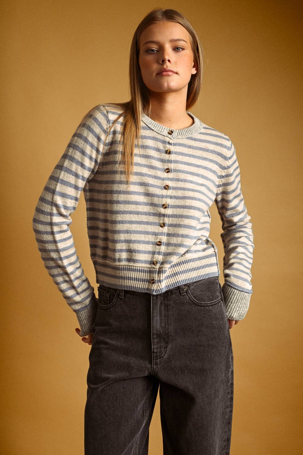 STRIPED PATTERN BUTTON FRONT CARDIGAN