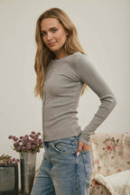 BUTTON FRONT ROUND NECK LONG SLEEVE KNIT TOP