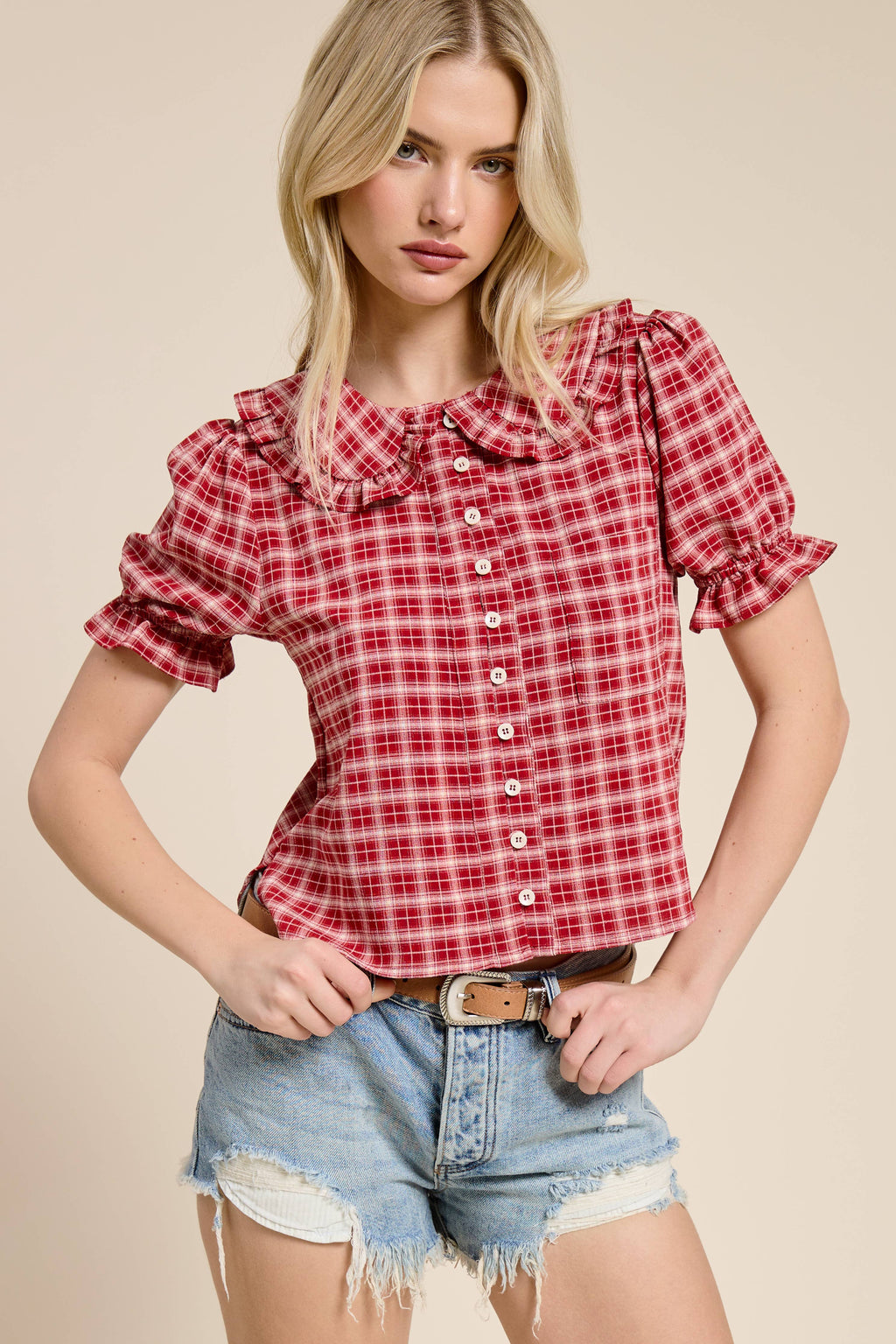 Plaid Ruffle Collar Button Up Blouse