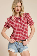 Plaid Ruffle Collar Button Up Blouse