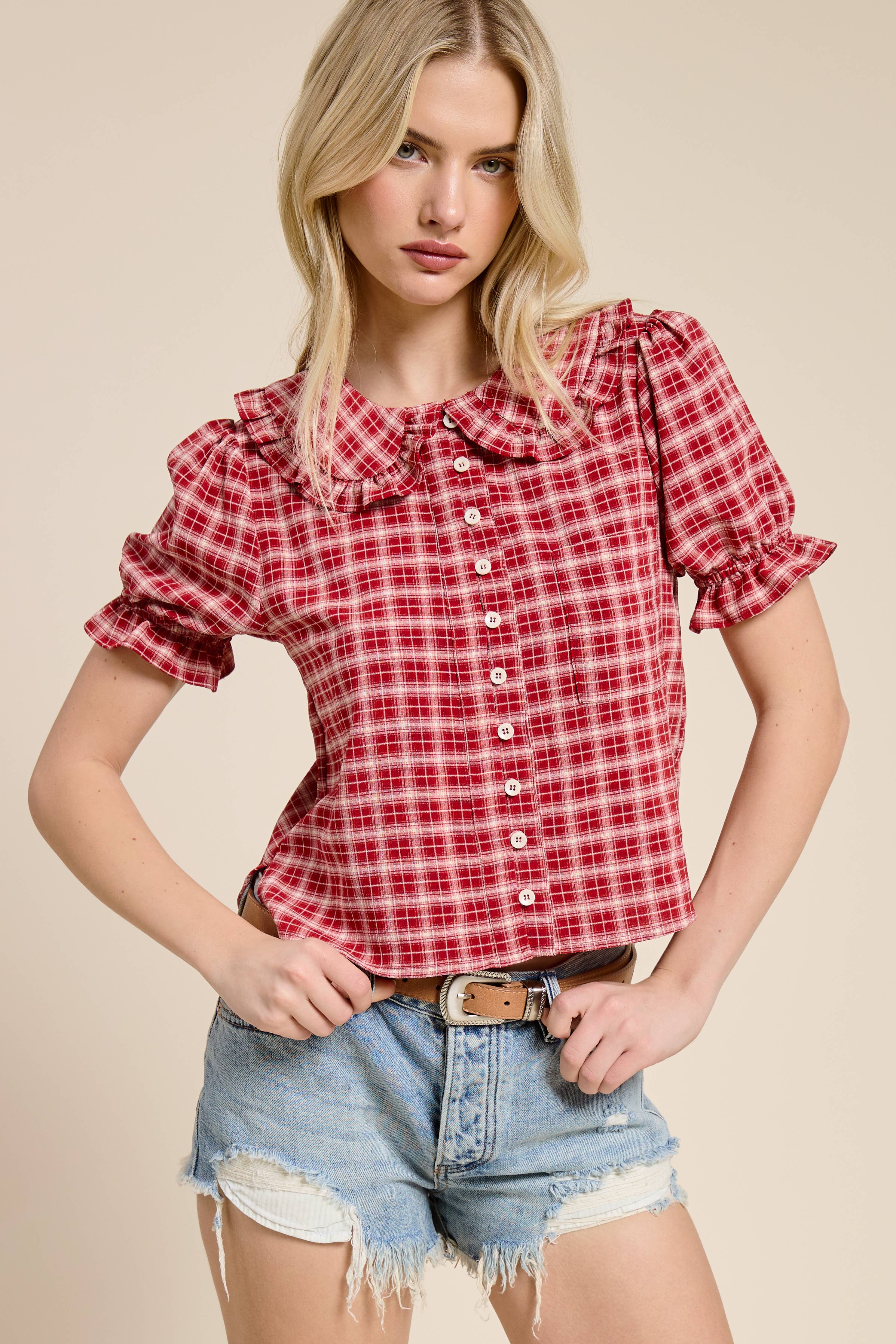 Plaid Ruffle Collar Button Up Blouse