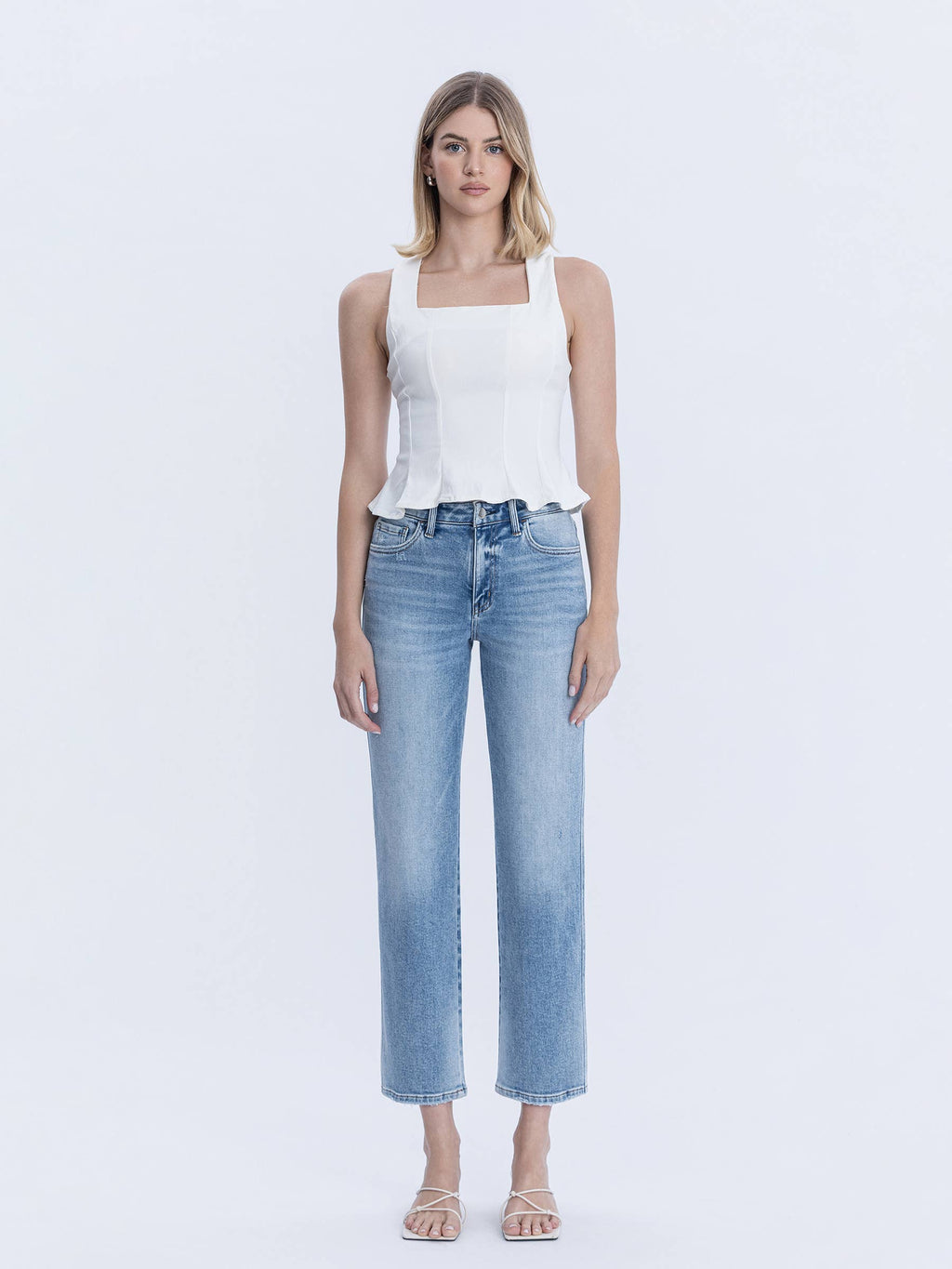 HIGH RISE MEDIUM LIGHT WASH ANKLE STRAIGHT JEANS
