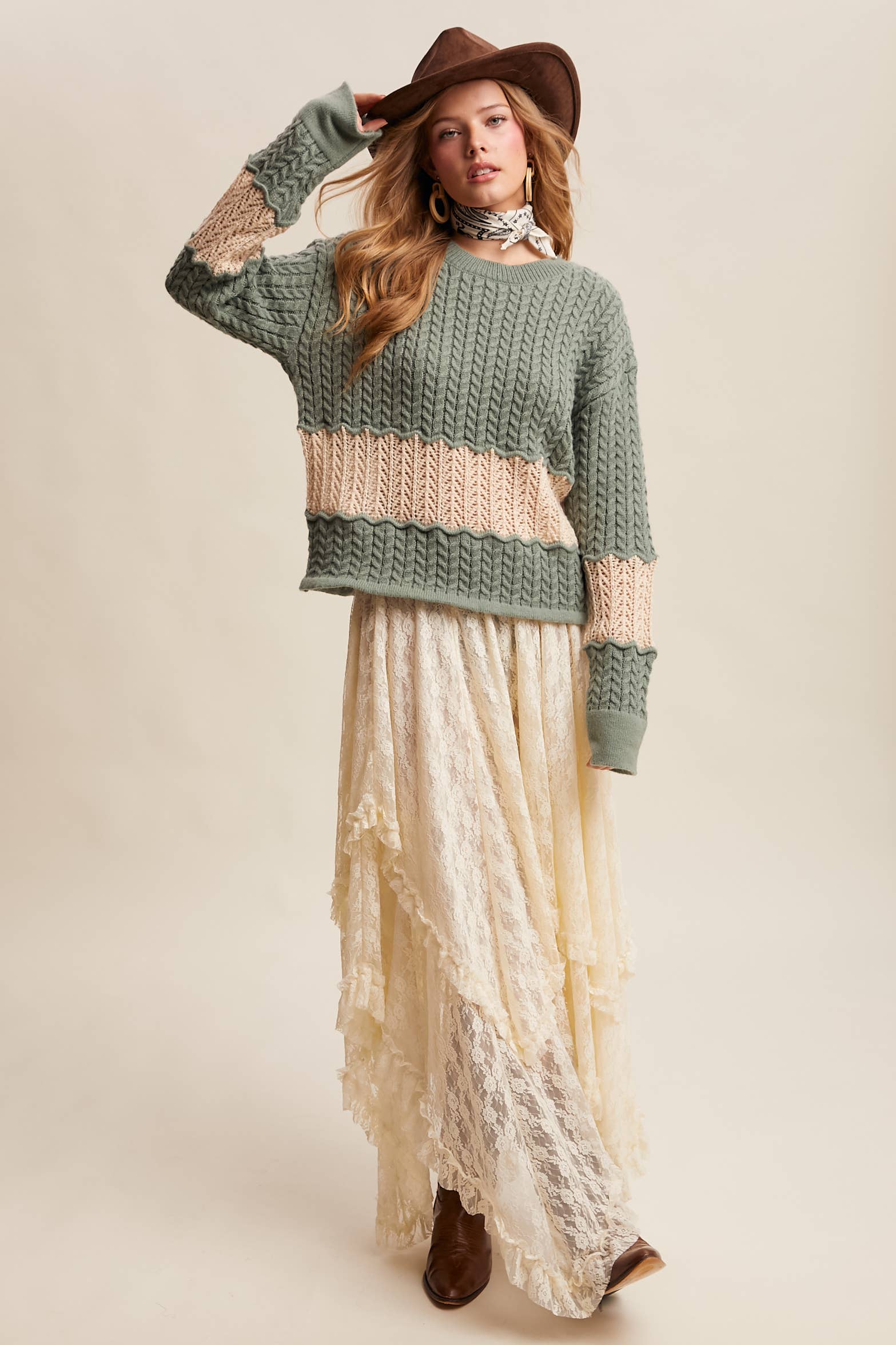 Colorblock Cable Knit Sweater