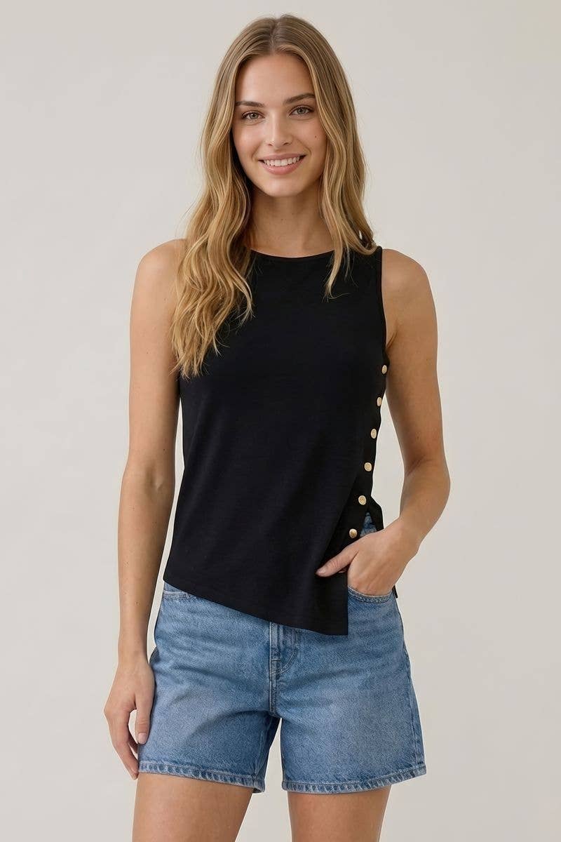 ASYMMETRICAL BUTTON DETAIL BOAT NECK TANK TOP