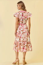 FLORAL PRINT BUBBLE SHORT SLEEVE TIERED MIDI DRESS