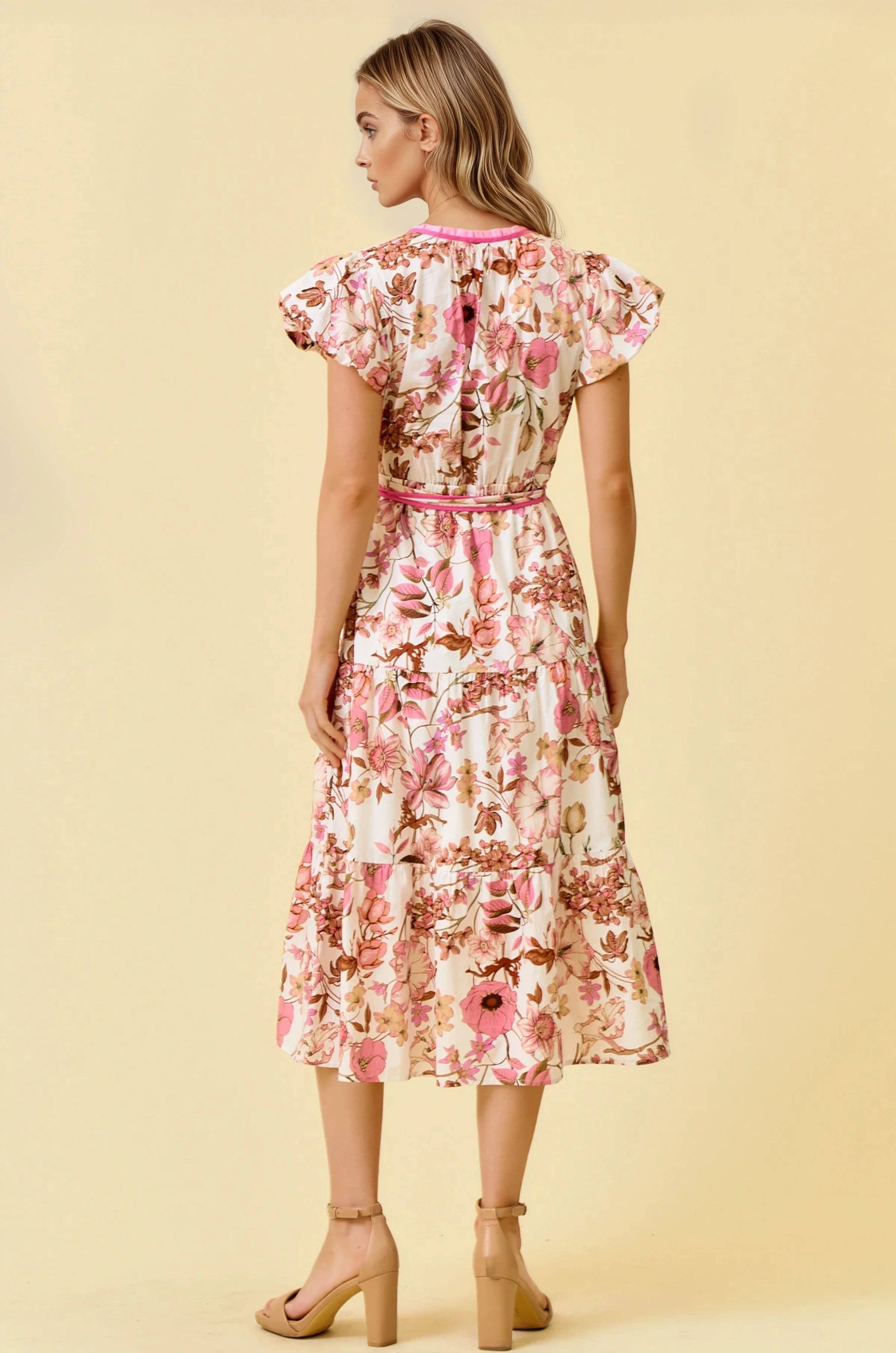 FLORAL PRINT BUBBLE SHORT SLEEVE TIERED MIDI DRESS