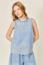 EMBROIDERED RUFFLE NECK SLEEVELESS BLOUSE