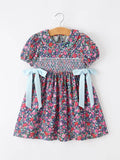 Blue Bow Smocked Floral Girl Dress