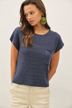 PATCH POCKET DOLMAN CAP SLEEVE BOXY KNIT