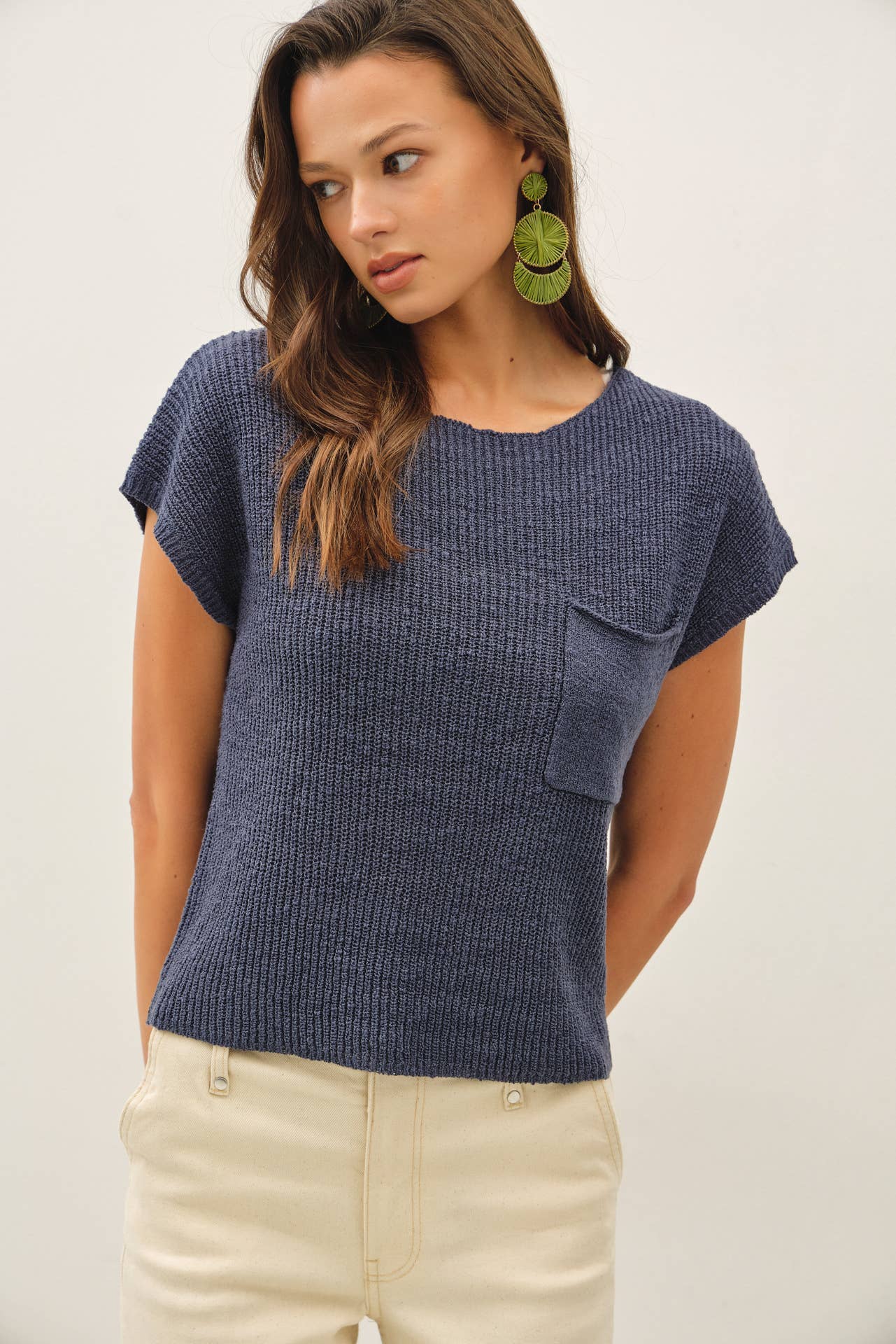 PATCH POCKET DOLMAN CAP SLEEVE BOXY KNIT