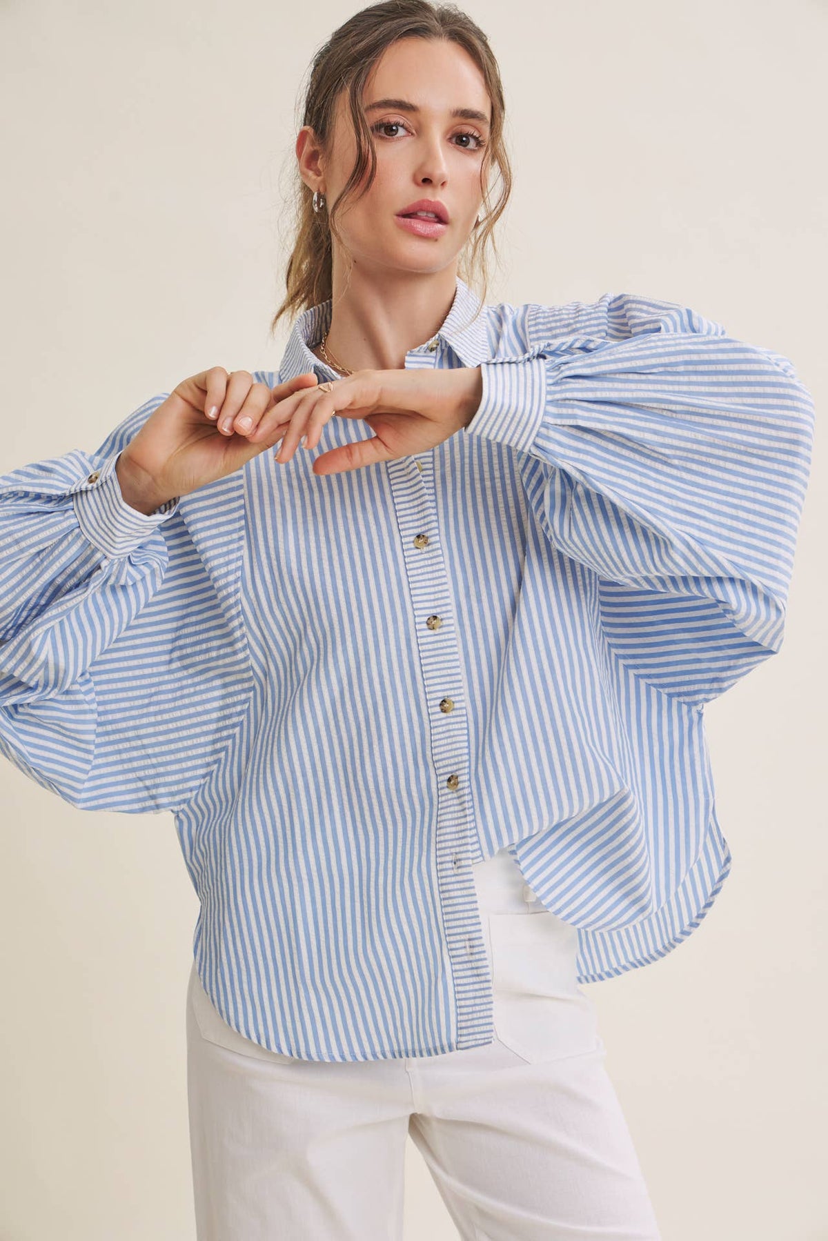 FRENCH CAFE MIXED STRIPE BATWING BUTTON-DOWN SHIRT