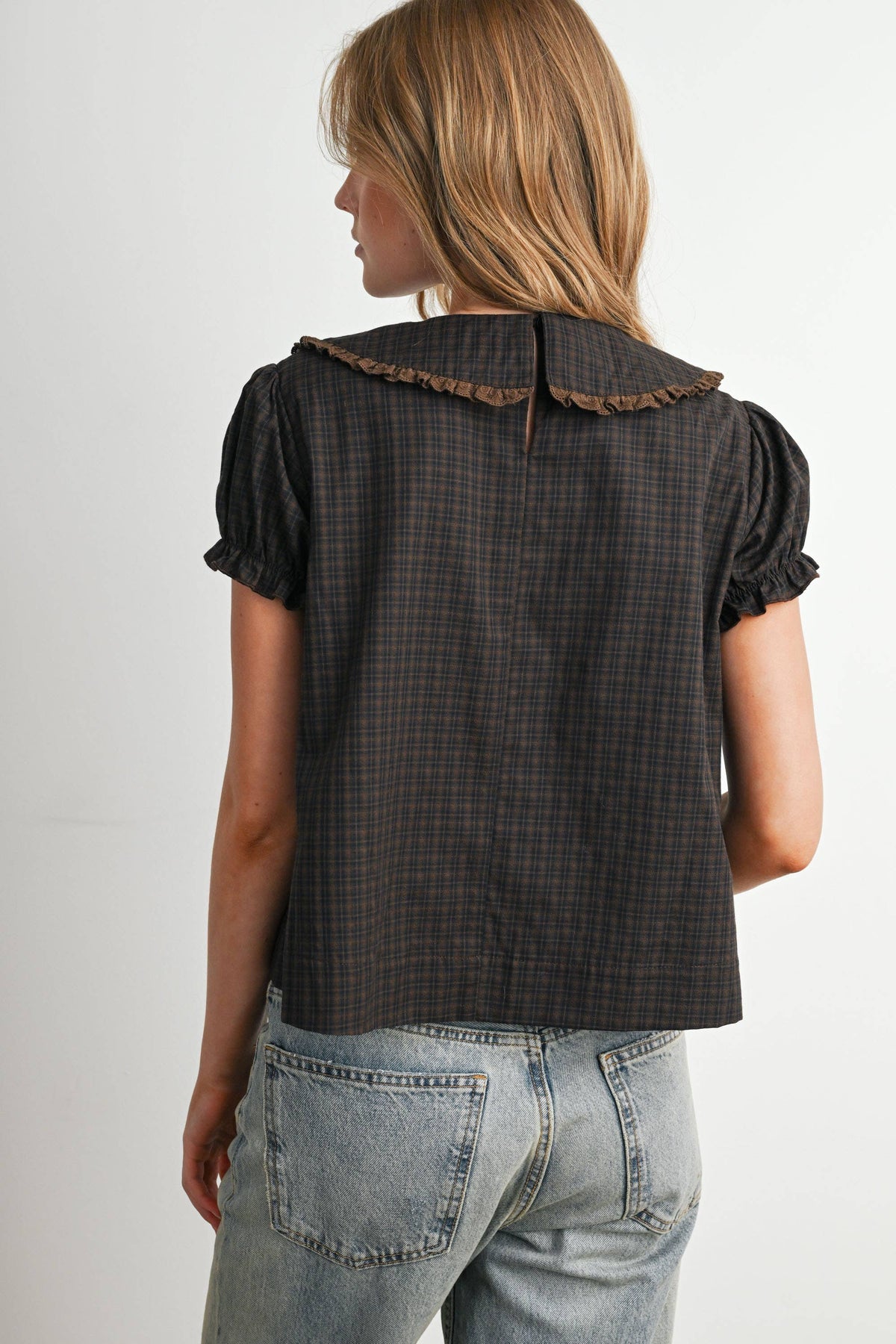 Plaid Peter Pan Collar Puff Sleeve Blouse